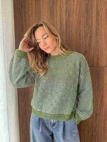 Women's Autumn/Winter Vintage Green & White Striped Round Neck Knit Sweater, Soft Fluffy Fabric, Contrast Ribbed Collar & Cuffs, Loose Drop Shoulder Fit, Lazy Vibe, Versatile For Daily Commute, Gentle & Flattering - Green - View 5
