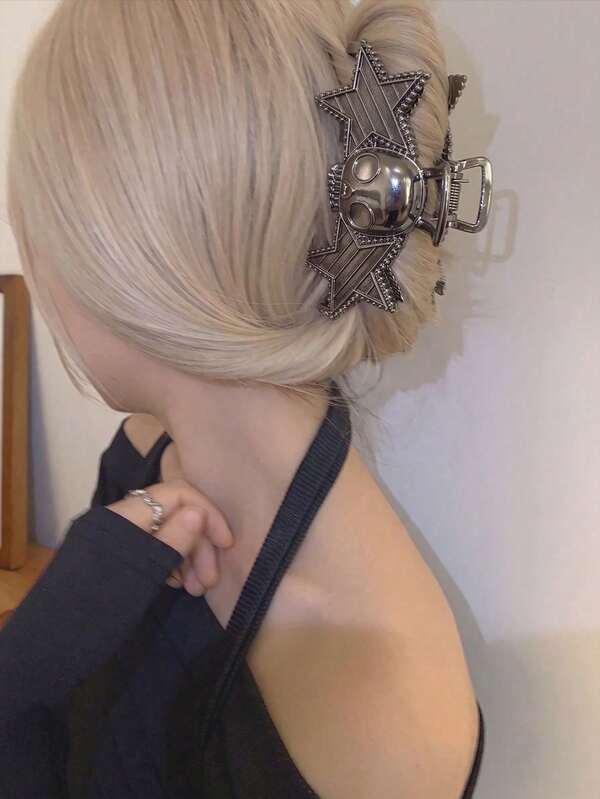 1pc Halloween Gothic Punk Metal Skull Hair Clip, Y2K Vintage Star Hair Clip, Suitable For Thick Hair, Bone-Shaped Non-Slip Women's Hair Accessory