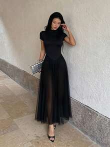 1pc Solid Color Elegant Knit Fabric Sleeveless Dress Beach Summer - Black - View 3