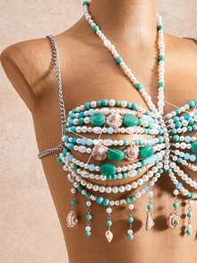 Summer/Autumn New Halloween Costume, Colorful Beaded Cover-Up, European And American Sexy Fashion Design Vacation Beach - Blue - View 5