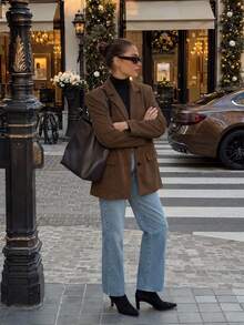 Women's Autumn Elegant Casual Brown Single-Breasted Long Sleeve Blazer, Suitable For Vacation, Office, Outing - Brown - View 4