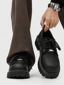 Spring/Summer New Men's Chunky Heel Casual Dress Shoes, Business Low-Top Lace-Up Formal Shoes, Minimalist Derby Shoes For Party, Wedding, Commute, Date, Work - Black - View 1