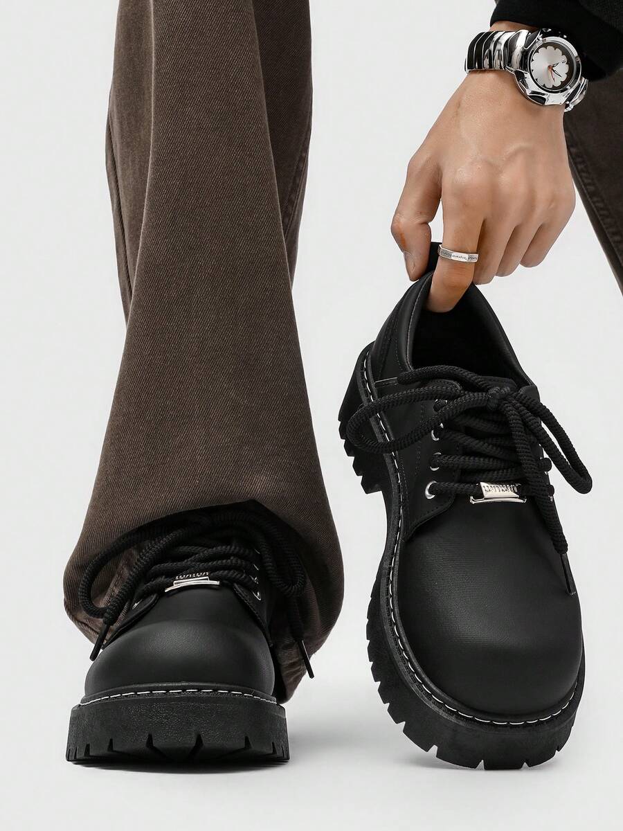 Spring/Summer New Men's Chunky Heel Casual Dress Shoes, Business Low-Top Lace-Up Formal Shoes, Minimalist Derby Shoes For Party, Wedding, Commute, Date, Work - Black - View 1
