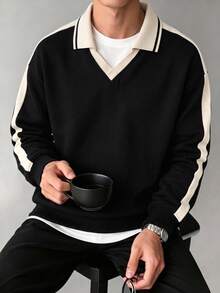 Men's Spring/Autumn Lapel V-Neck Sweatshirt, With Small Design Detail On Collar, Suitable For Daily Wear And Business Occasions - Black - View 3