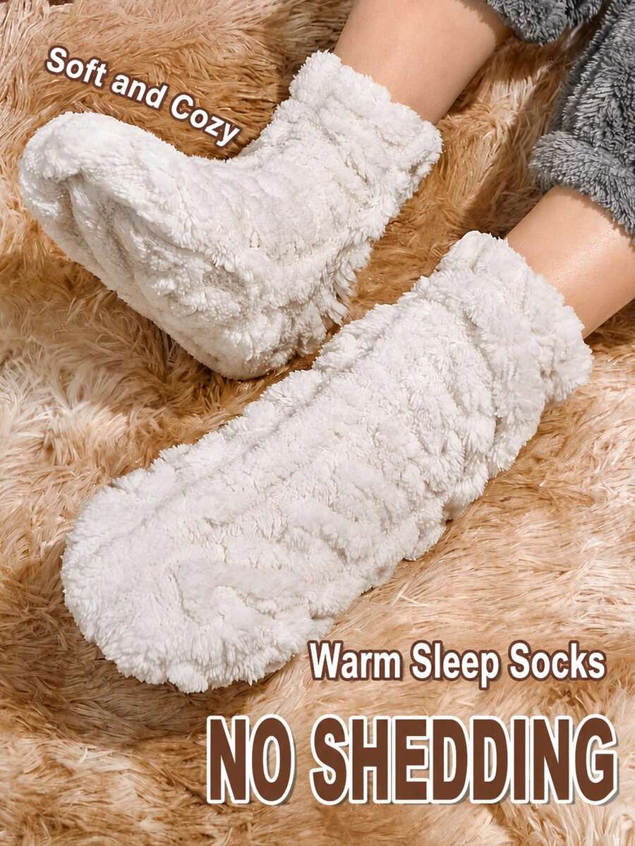 1/2/4 Pairs Thick Fluffy Mid Calf Sleep Socks For Women, Non‑Shed Soft Fuzzy Warm Cozy Home Bed Socks Cold Weather - White - View 1