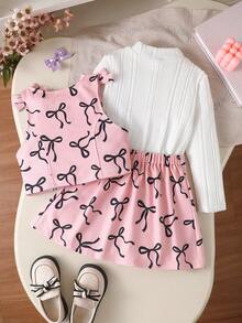 MYVLNA 3pcs/Set Girls Sweet Dress Outfit, White Semi-High Neck Long Sleeve Base Layer Top, Pink Bow Print Vest And Pleated Skirt, 3D Bow Decoration On Shoulders, Princess Style - Pink - View 3