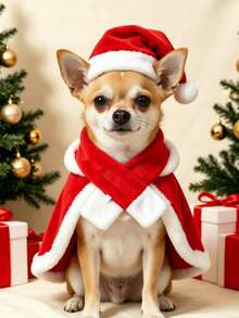 1 Set/3 Pieces Christmas Dog Costume Set, Pet Christmas Hat, Cape And Scarf, Soft Plush Holiday Outfit, Adjustable Christmas Accessories, Suitable For Small And Medium Dogs, Christmas Party Photo Props - Multicolor - View 2