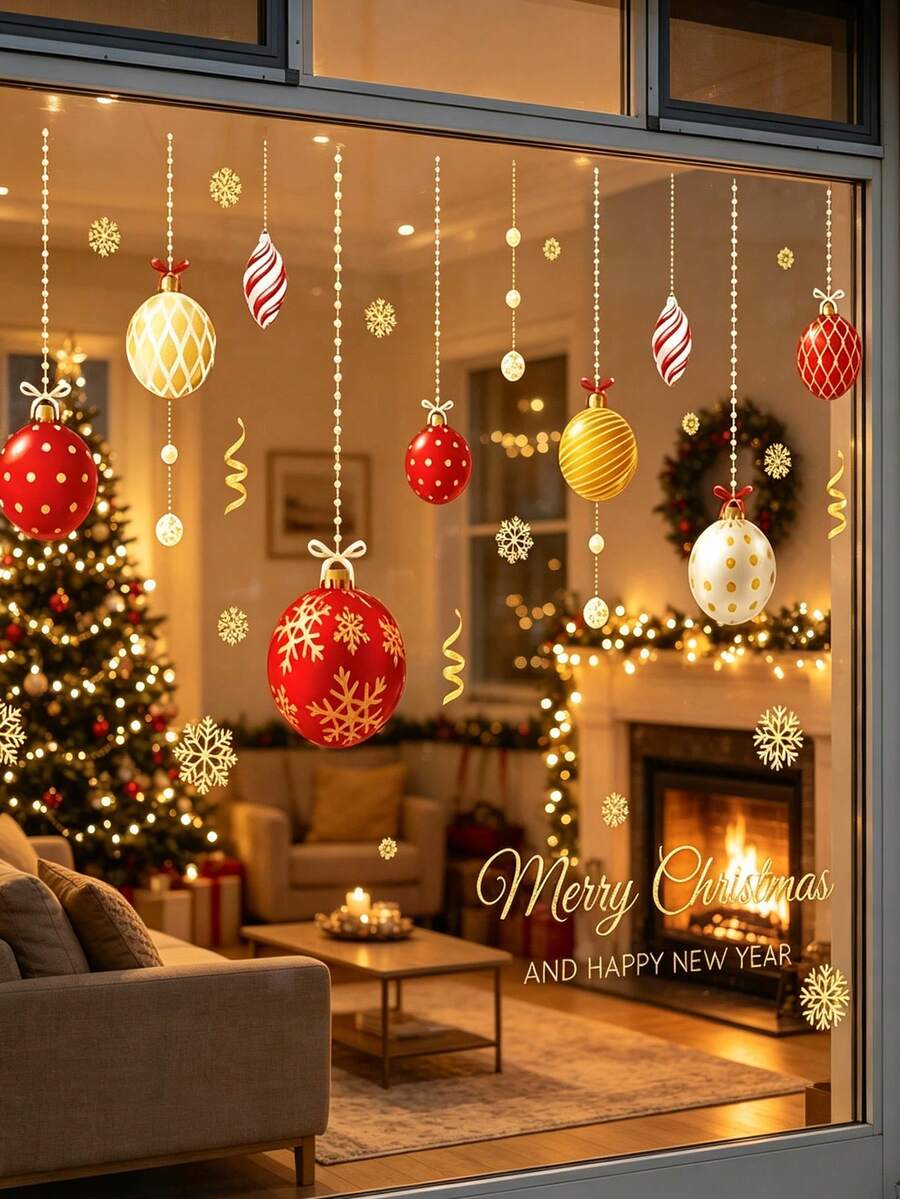 2D Christmas Static Window Stickers, Christmas Ball Pattern Design. Perfect For Christmas Window Display, Home Decor, Cafe And Restaurant Holiday Decoration, Store Window And Christmas Themed Party. - Multicolor - View 1