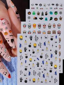 8Pcs 3D Halloween Mixed Design Nail Art Stickers,Skull Potion Bottle Snake Bat Pumpkin Happy Halloween Letter Nail Decals,DIY Manicure Decor For Halloween Party - Multicolor - View 4