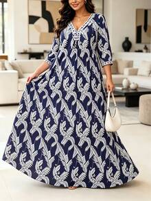 Gaun Motif Longgar Warna Kontras Leher V Terlaris Terbaru Musim Semi/Gugur - Biru laut - View 2