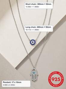 S925 Sterling Silver Multi-Layer Evil Eye Necklace, Sparkling Cubic Zirconia Hamsa Hand Pendant With Multi-Strand Chain, Women's Protective Jewelry Gift - Silver - View 5