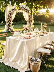 1pc Luxury Satin Tablecloth, Solid Color Rectangular Silky Polyester Fabric Tablecloth, Wrinkle-Resistant Table Cover, Suitable For Wedding Reception, Banquet, Birthday Party, Home, Hotel Restaurant Dining Table Decoration - Beige - View 6