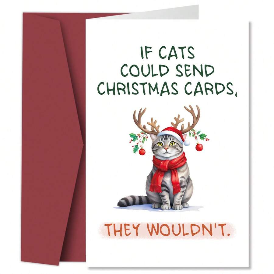 1pc Funny Cat Christmas Card 5.3*8 Inches "If Cats Could Send Christmas Cards, They Wouldn't" Humorous Holiday Greeting Card, Perfect For Cat Lovers' Quirky Holiday Note Card - A - View 1