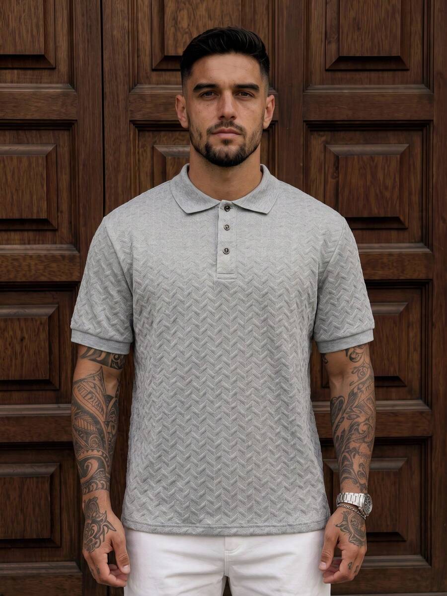 Lookun Men's Polo Shirt, Polo Collar, Short Sleeve, Knitted, Loose Fit, Casual, Spring/Summer - Grey - View 1
