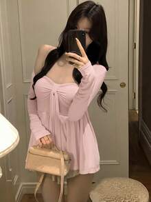 2pcs/Set Minimalist Pink Long Sleeve Cardigan Jacket And Camisole Top, Spring Outfit Elegant Summer - Pink - View 3