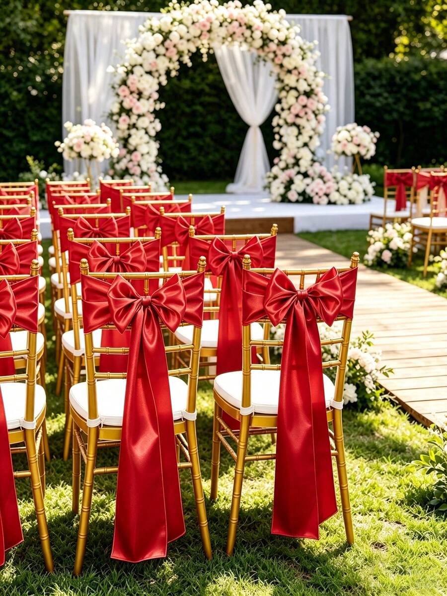 1pc/6pcs/10pcs Red Satin Chair Ribbon Decor, Silk Chair Back Bow, Party Wedding Chair Back Decoration Ribbon, Suitable For Birthday, Event, Hotel, Restaurant, Ceremony, Banquet, New Year, Christmas Decoration - Red - View 1