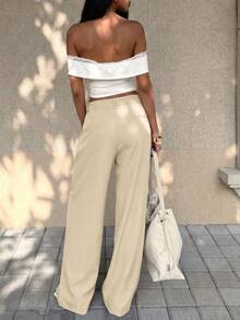 High Waist Pleated Wide Leg Suit Pants, Elegant Solid Color Straight Leg Trousers, Office Daily Wear - Apricot - View 4