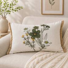 Salbeigrün Wildblumen bestickter Kissenbezug mit Quastenrand, botanischer Blumen Dekorationskissenbezug, Landhausstil Heimdekoration, geeignet für Sofa Bett Schlafzimmer, 1 Stück - Salbeigrün - Übersicht 10