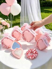 8/4/1 Set - Gender Reveal Party Favors, Pink Heart-Shaped Portable Folding Mirror Comb With Organza Bag And Thank You Card Gift Set - DIY Fillable Gift Bag, Cute Pink Heart Folding Mirror Comb, Scalp Massage Gift Packaging Bag Thank You Gift - Suitable As Baby Shower Party Favors, Baby Shower Gifts, Gender Reveal Party Theme, Children's Birthday Gifts, Guest Favors, Ideal Choice For Party Supplies And Decorations - Multicolor - View 6