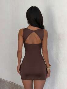 1pc Solid Color Sexy Knit Fabric Dress For Summer Vacation - Brown - View 4