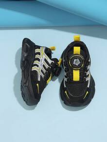Children's Black & Yellow Colorblock Mesh Rotating Buckle Sports Shoes, Casual Style, Suitable For Spring/Autumn School And Outdoor Walking - Black - View 6