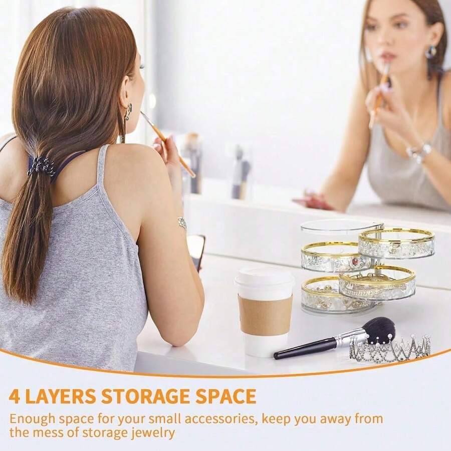 1 Pc 4‑Layer Rotatable Clear Jewelry Organizer Box, Transparent Jewelry Holder Case For Rings, Earrings, Necklaces, Bracelets, Makeup & Hair Accessories - Multicolor - View 1