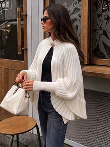 Women's Vintage Luxury Style Cape Knit Cardigan, Stand Collar With Metal Decorative Buttons, Draped Ribbed Fabric, Casual Early Autumn Vibe - Apricot Color - View 7