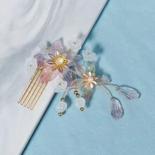 1pc Elegant Floral Hair Comb, Rhinestone & Leaf Decor Vintage Fairycore Hairpiece, Bridal Wedding Hair Accessory For Women - Multicolor - View 5
