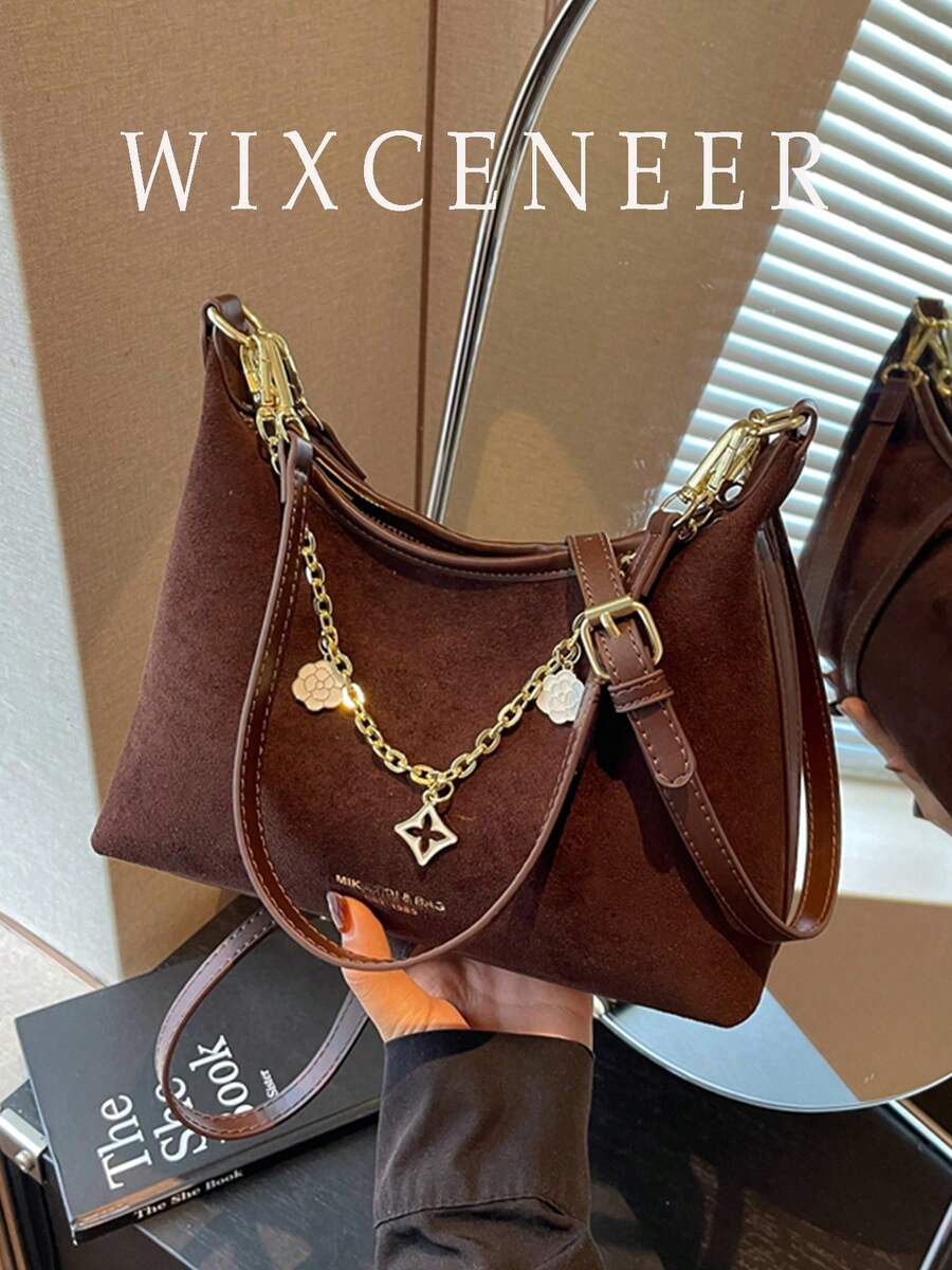 Women's Vintage Suede Texture Bohemian Shoulder Bag, Metal Chain Floral Pendant Decoration, Detachable & Adjustable Strap Crossbody Underarm Handbag