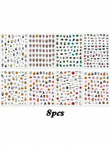 8Pcs 3D Halloween Mixed Design Nail Art Stickers,Skull Potion Bottle Snake Bat Pumpkin Happy Halloween Letter Nail Decals,DIY Manicure Decor For Halloween Party - Multicolor - View 8