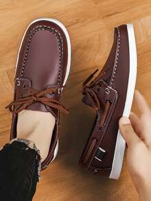 GAISIMA Men's Contrast Stitching Boat Shoes, Vintage Casual Lace-Up Loafers, Daily Business Commute Spring Autumn Slip-On Moccasins - Brown - View 4