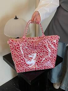 Leopard Print Tote Bag, Large Capacity, Smooth Zipper Closure, Short Hand Strap With Detachable Wide Long Shoulder Strap, Hand-Carry, Shoulder, Crossbody, Multiple Carrying Styles, Suitable For Short Trips, Shopping, Daily Commute - Pink - View 5