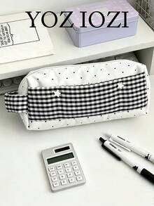Japanese Niche Design Ins Style Polka Dot Plaid Pencil Case For Women, Large Capacity Travel Portable Handbag, 3D Makeup Organizer Bag - White - View 2