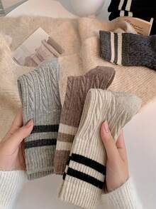 5 Pairs Random Color Autumn/Winter Women's Mid-Calf Thick Warm Socks, Ins Japanese School Style Retro Cable Knit Striped Versatile Slouch Socks - Multicolor - View 3