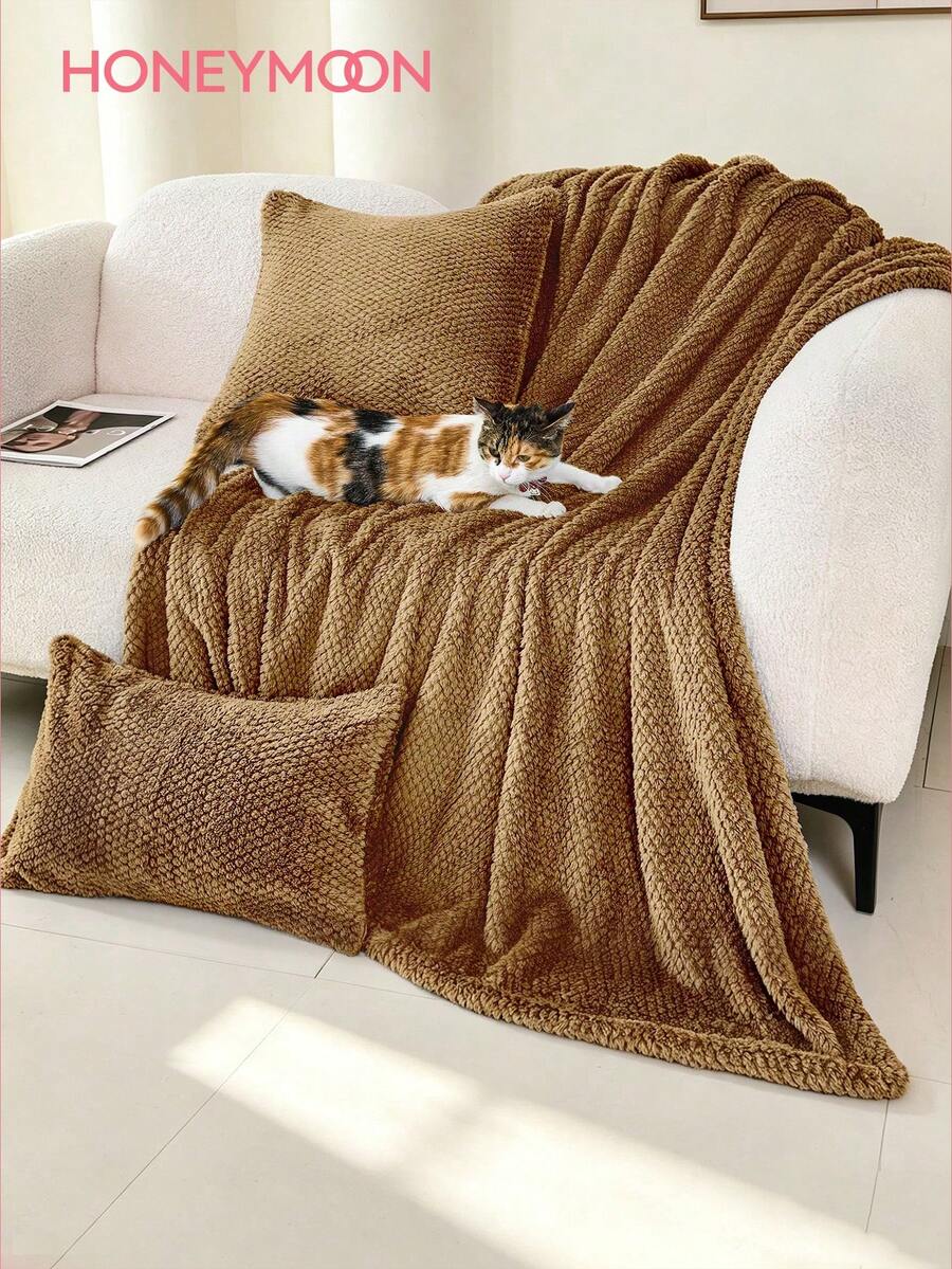 1pc Jacquard Fleece Blanket, Soft And Fluffy, Suitable For All Seasons, Breathable And Comfortable, Machine Washable, Suitable For Home And Student Dorm Use, Brown - Brown - View 1