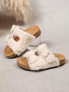 Parent-Child Plush Buckle Slippers, Mother-Son Mother-Daughter Matching Style, Autumn/Winter Soft Cork Sole Indoor/Outdoor Warm Fuzzy Slippers - Beige - View 2