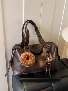 Nicekee Casual And Stylish Large Capacity Handbag With Pendant, Retro And Simple Solid Color Shoulder Bag, Suitable For Commuting Shopping - Coffee - View 10