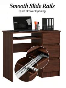 Sturdy Wooden Computer Desk With 3 Storage Drawers, Freestanding Home Office Writing Workstation With Pull-Out Keyboard Tray, Practical Study Desk For Bedroom, Study Room And Workplace, Free Table Foot Pads Included - Dark Walnut - View 6