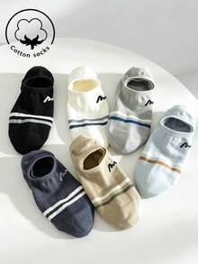 1/3/6 Pairs Men's Cotton Boat Socks, White Socks, Striped, Letter Design Fashion Breathable Socks, Moisture-Wicking, Suitable For Daily Wear/All Seasons, Random Color - Multicolor - View 1