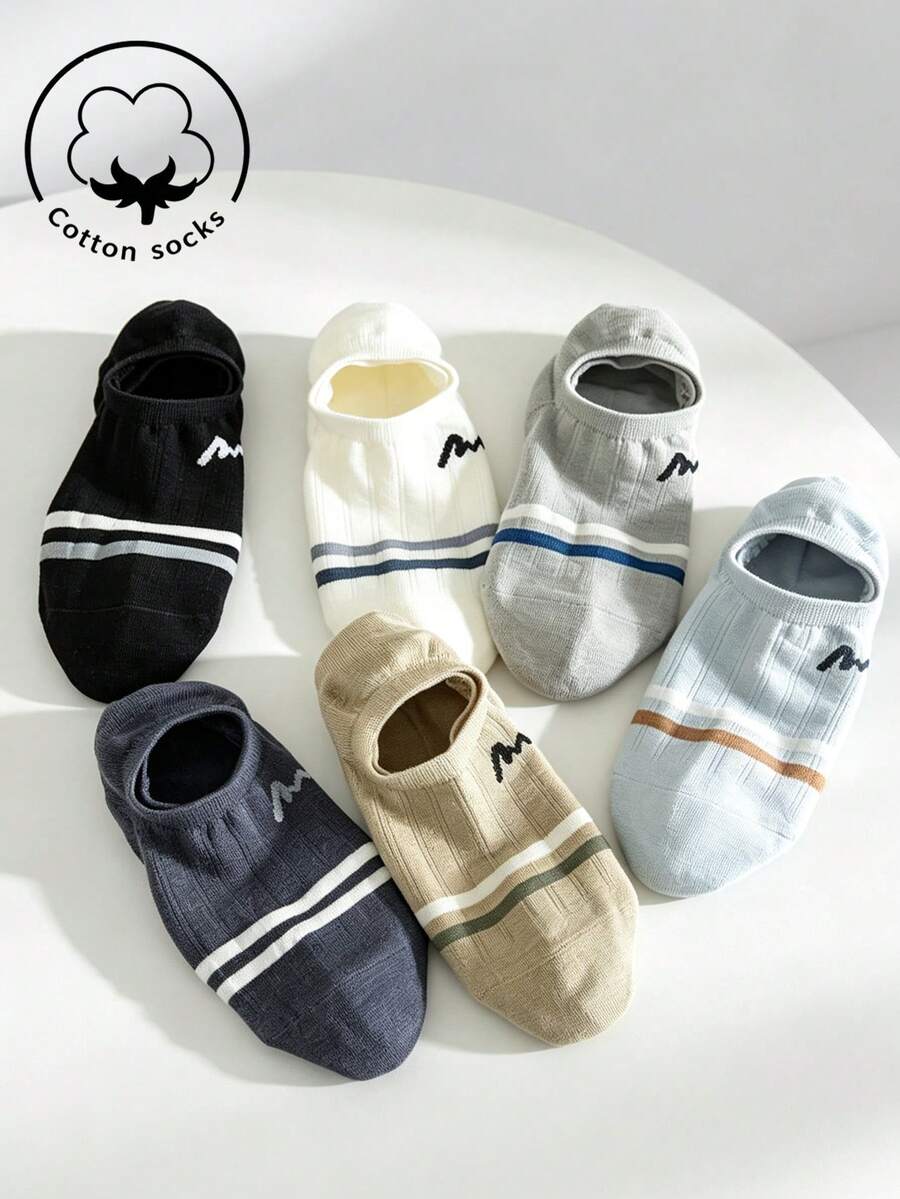 1/3/6 Pairs Men's Cotton Boat Socks, White Socks, Striped, Letter Design Fashion Breathable Socks, Moisture-Wicking, Suitable For Daily Wear/All Seasons, Random Color - Multicolor - View 1