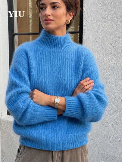 Suéter de punto azul para mujer YIU, detalle de punto acanalado, manga larga, cuello alto, longitud regular, cómodo y cálido para el invierno.