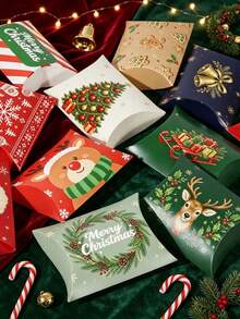 Christmas Pillow Gift Box 11.5*7cm, Assorted Christmas Pattern Paper Candy Favor Box, Suitable For Holiday Party Small Gift Packaging - View 6