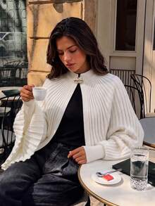 Women's Vintage Luxury Style Cape Knit Cardigan, Stand Collar With Metal Decorative Buttons, Draped Ribbed Fabric, Casual Early Autumn Vibe - Apricot Color - View 8