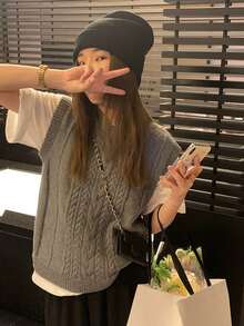 [Y6Y]1pc Women's Sweater Vest, Autumn/Winter Korean Style Thick Retro Cable Knit Top, Suitable For Layering With Shirts And T-Shirts - Grey - View 1