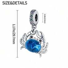 1 Stück S925 Sterling Silber Ozean Stil Anhänger Perle, blauer Kristall Krabbe, Delfin, kleiner Fisch, Seestern, Quallen Formen, transparenter blauer Zirkonia eingelegt, frischer Tiefseeton, mit Geschenkbox, geeignet für Armband Halskette, handgefertigter DIY Schmuck, vielseitiges Sommer Strand Accessoire - Verschiedenfarbig - Übersicht 2