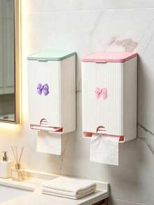 Cute Bow Wall-Mounted Tissue Box, Bathroom Sanitary Napkin Storage Box, Vertical Striped Textured Shell, No-Drill Adhesive Wall Installation. Smooth Dispensing Opening, Can Hold Face Towels, Tissues, Flip-Top Design For Easy Refill. White And Pink Contrast Color Girly Style, Suitable For Bathroom Vanity, Frees Up Countertop Space, Practical Home Storage For Face Towels And Tissues. - Multicolor - View 1