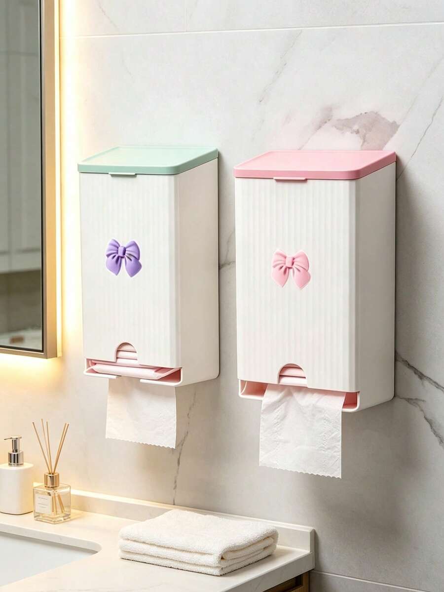 Cute Bow Wall-Mounted Tissue Box, Bathroom Sanitary Napkin Storage Box, Vertical Striped Textured Shell, No-Drill Adhesive Wall Installation. Smooth Dispensing Opening, Can Hold Face Towels, Tissues, Flip-Top Design For Easy Refill. White And Pink Contrast Color Girly Style, Suitable For Bathroom Vanity, Frees Up Countertop Space, Practical Home Storage For Face Towels And Tissues. - Multicolor - View 1