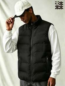 mulinsen Men's Minimalist Stand Collar Vest, Multi-Functional Sleeveless Tank Top With Zipper Pocket Design, Layerable For Winter Daily Wear - Black - View 1