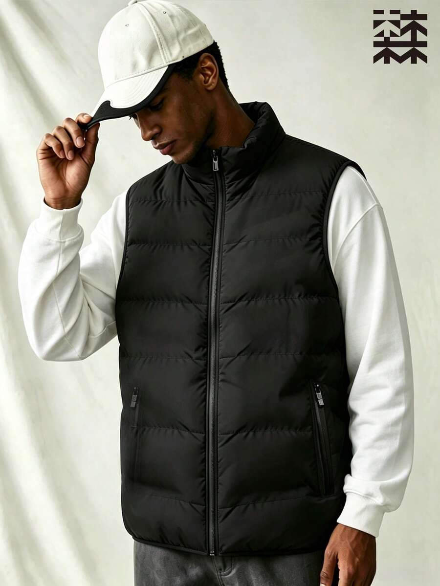 mulinsen Men's Minimalist Stand Collar Vest, Multi-Functional Sleeveless Tank Top With Zipper Pocket Design, Layerable For Winter Daily Wear - Black - View 1