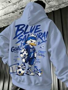 Herr sweatshirt med huva i plus size, ljusblå amerikansk sport-hoodie med fotbollsank-cartoonprint på ryggen - Babyblå - Visa 1